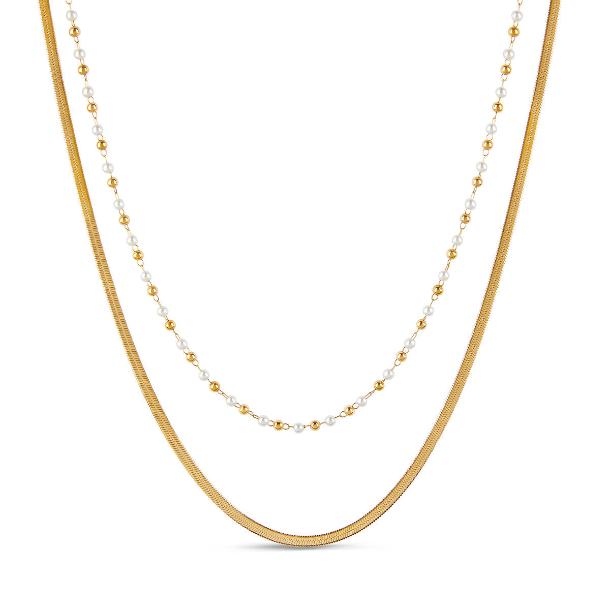 Contrast Pearl Layered Snake Chain Necklace - Gold