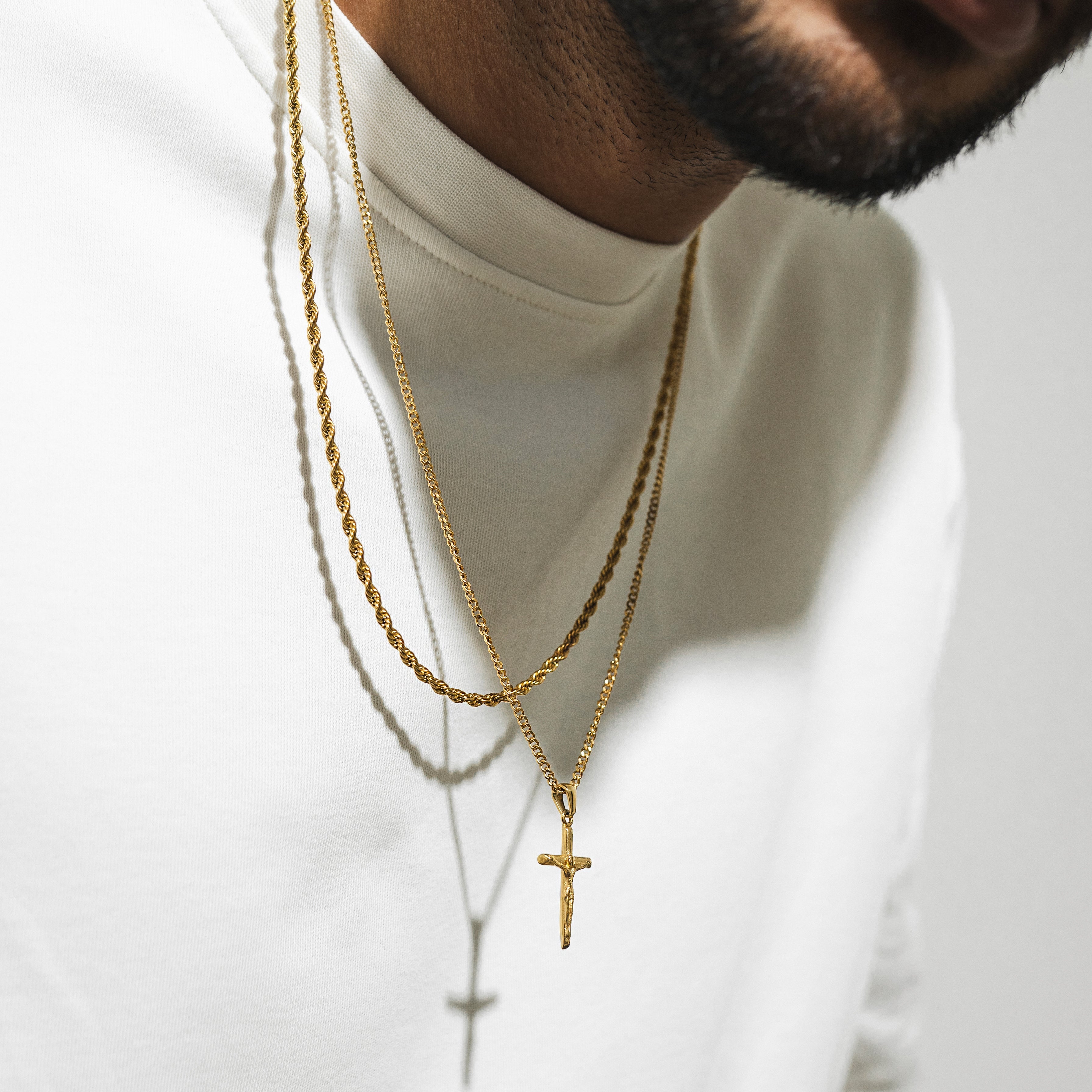 Cross Pendant Necklace X Rope Chain Full Set - Gold