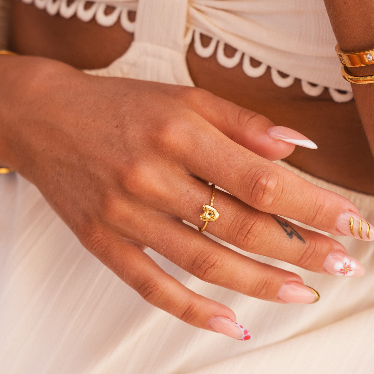 Bubble Initial Rope Chain Adjustable Ring - Gold