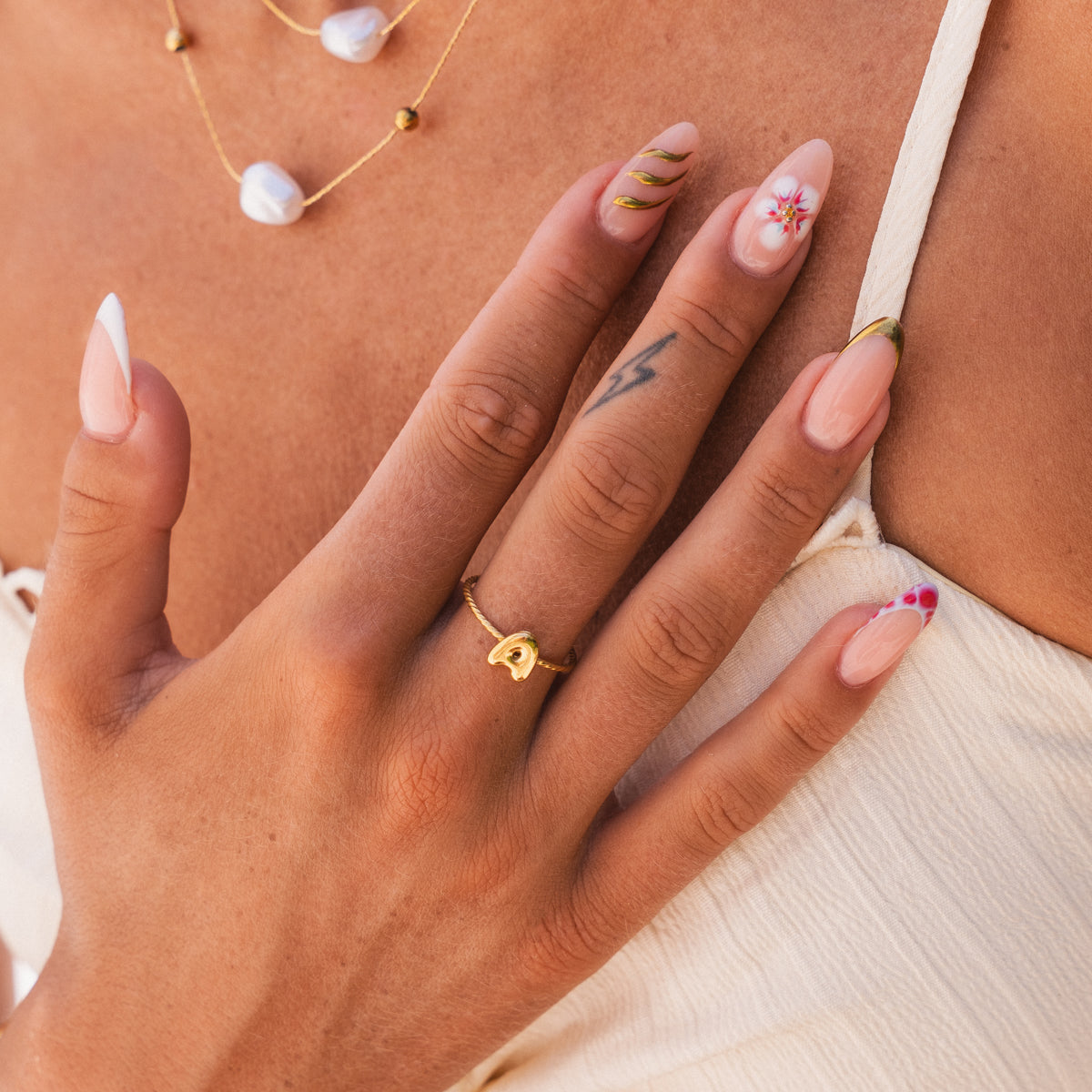 Bubble Initial Rope Chain Adjustable Ring - Gold