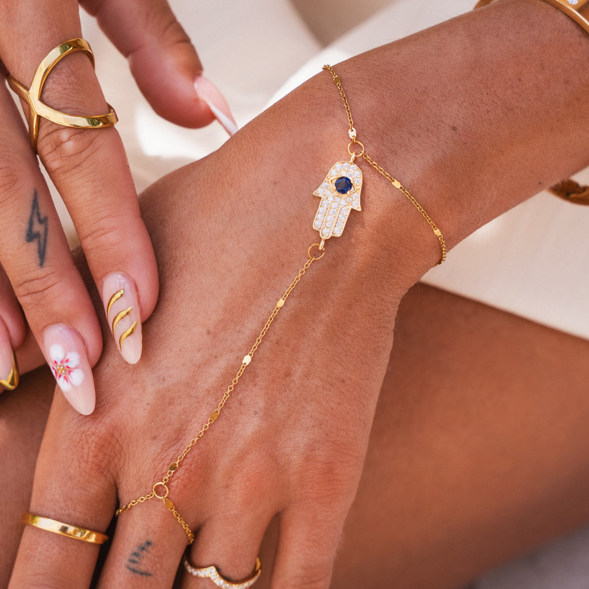 Hamsa Stone Hand Chain - Gold