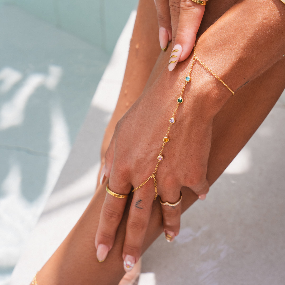 Multi Colour Stone Hand Chain - Gold
