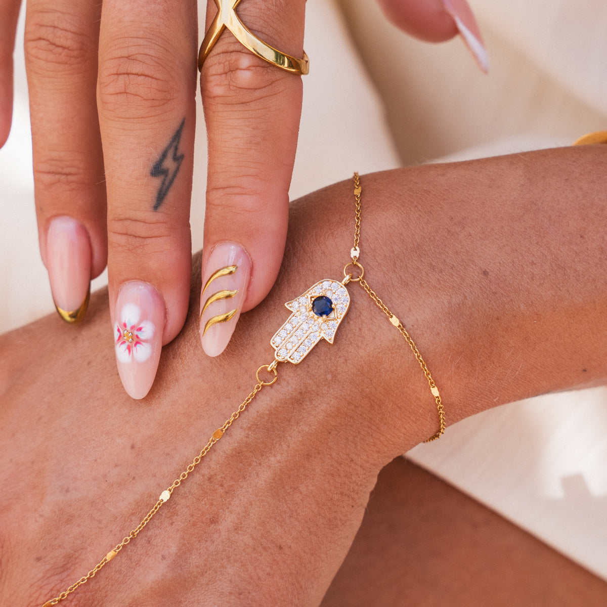 Hamsa Stone Hand Chain - Gold