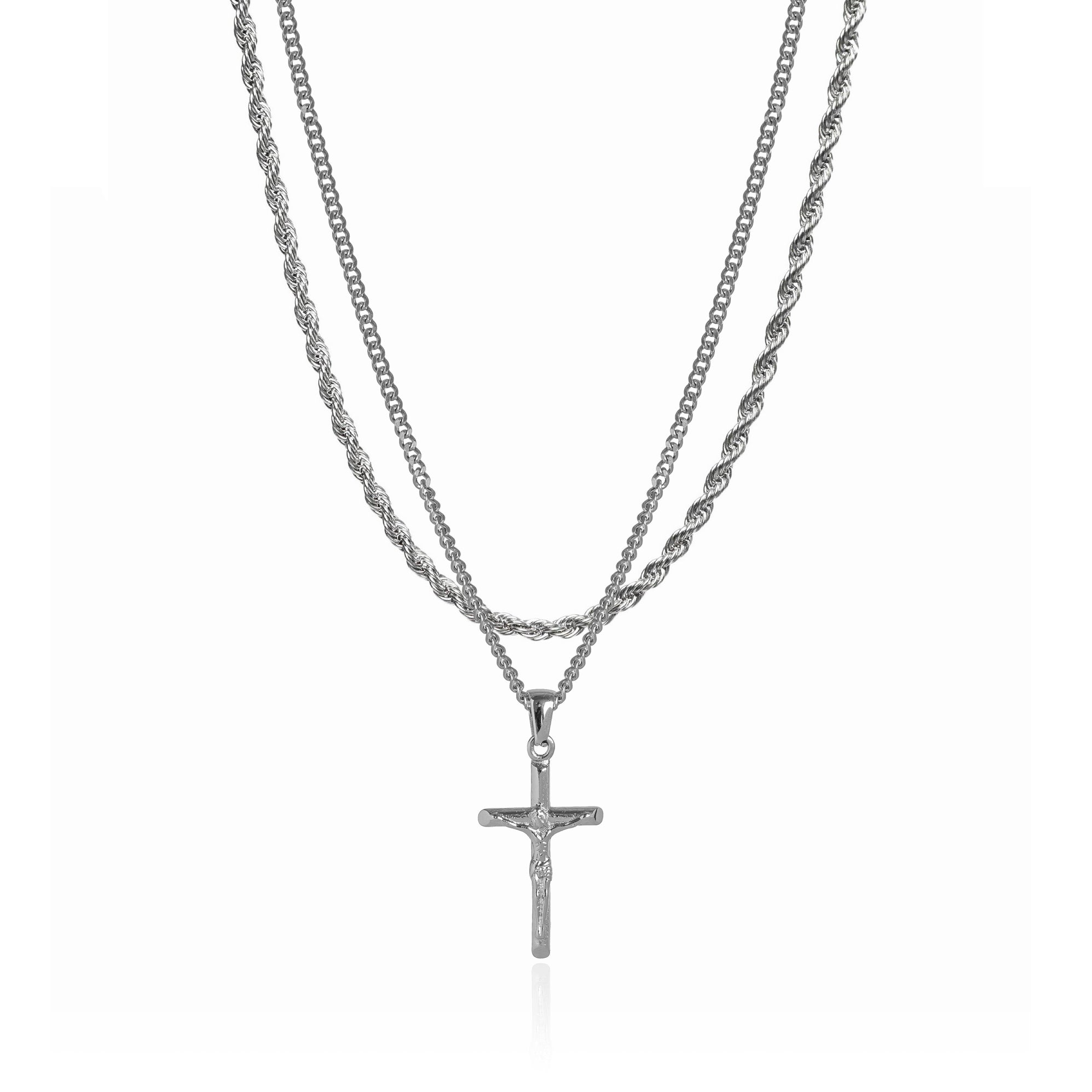 Cross Pendant Necklace X Rope Chain Full Set - Silver