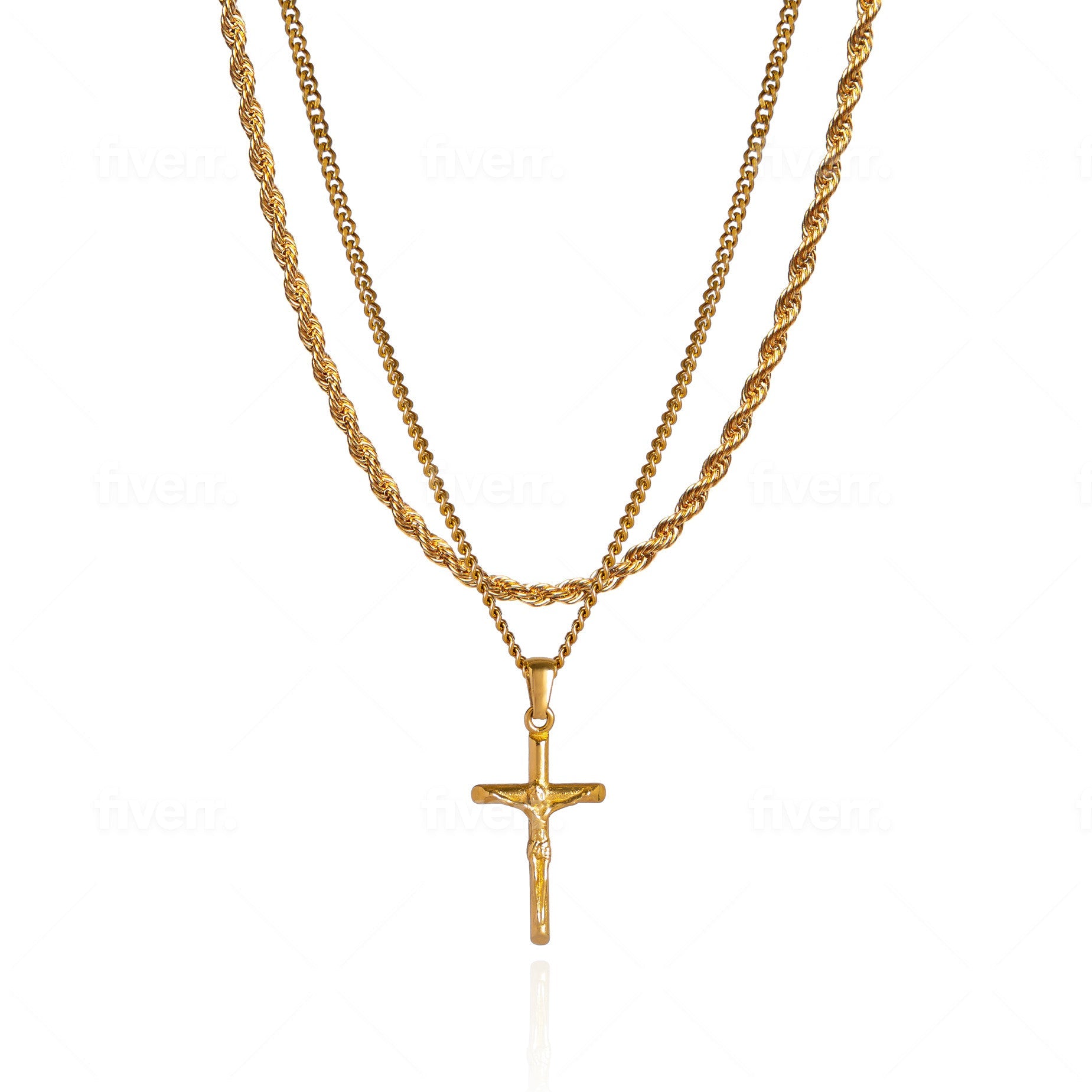 Cross Pendant Necklace X Rope Chain Full Set - Gold